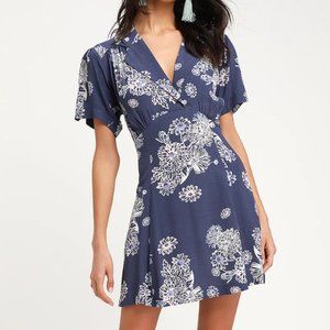 Free People Blue Hawaii Washed Blue Floral Print Short Sleeve Mini Dress
